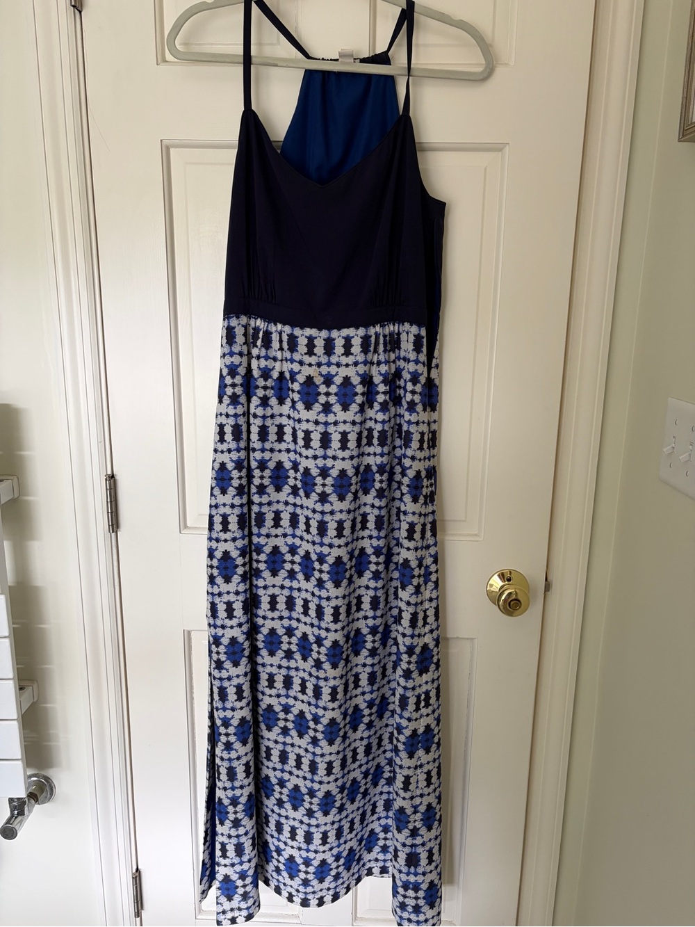J. Crew Navy and Royal Blue Geometric Print Sleeveless Maxi Dress